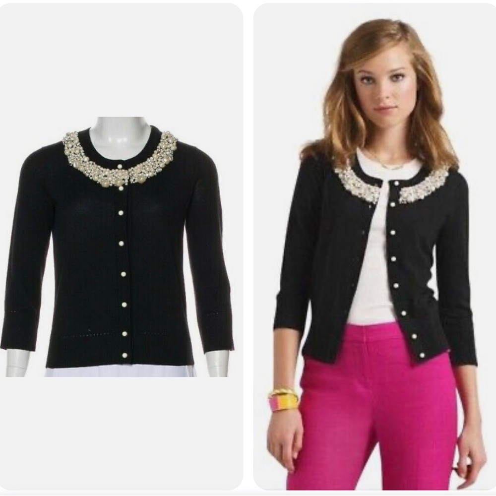 Kate Spade Black Pearl Cristal Neck Embellished Cardigan Sweater